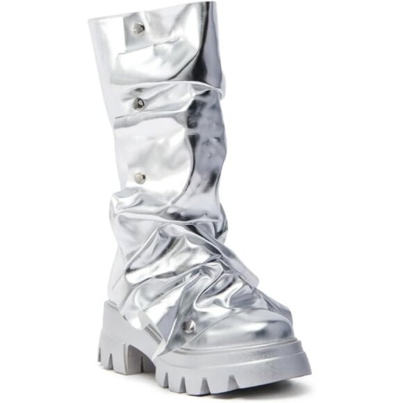 Women's Synthetic Silver Shin Metallic Chunky Sole Unique Wrinkled Long Boots - Picture 2 of 6